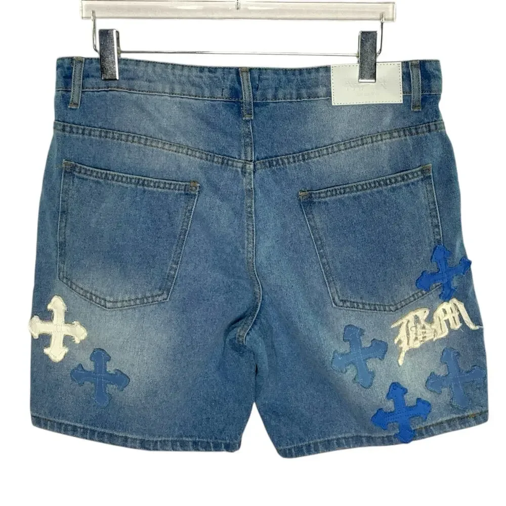 BoohooMan 36 NEW Slim Rigid Applique Jean Shorts In Light Blue Streetwear